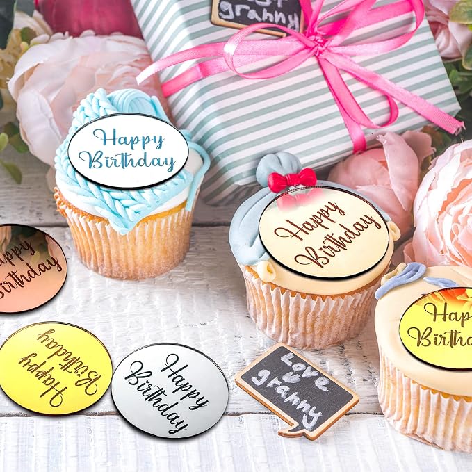 Qunclay 30 Pcs Happy Birthday Acrylic Cake Toppers, Mirror Acrylic Cupcake Toppers, 3 Multi-shape & Gold Rose Gold Silver Cupcake Picks for Birthday Party Pastries Decor DIY Supplies(Round)