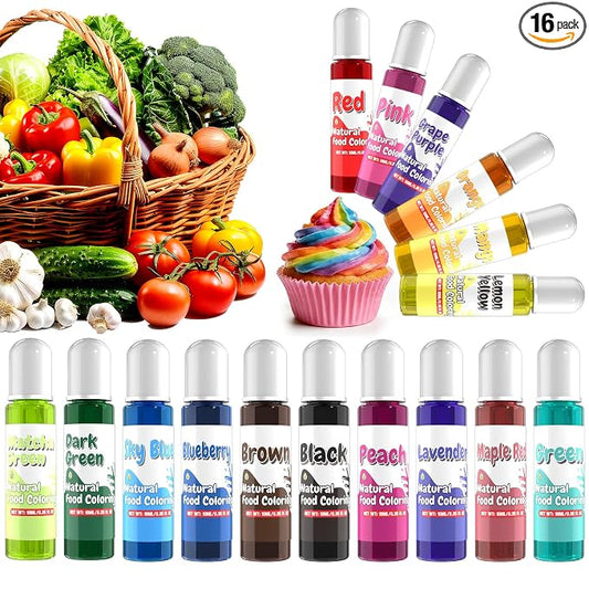 Natural Food Coloring - 16 Colors Dye Free Food Coloring, Liquid Plant Based Food Dye for Baking, Cake Decorating, Frosting, Fondant, Easter Eggs & Cookies, 10ml (0.35 Fl Oz)