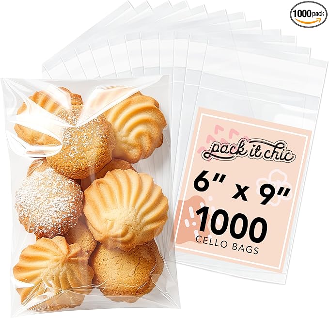 6" X 9" Self Sealing Cellophane Bags (1000 Pack) - Clear Cookie and Pretzel Rod Bags With Seal for Baked Goods Packaging, Cookie Wrappers, Bakery Packaging, Bake Sale, Candy, Treats, Goodies, Gifts