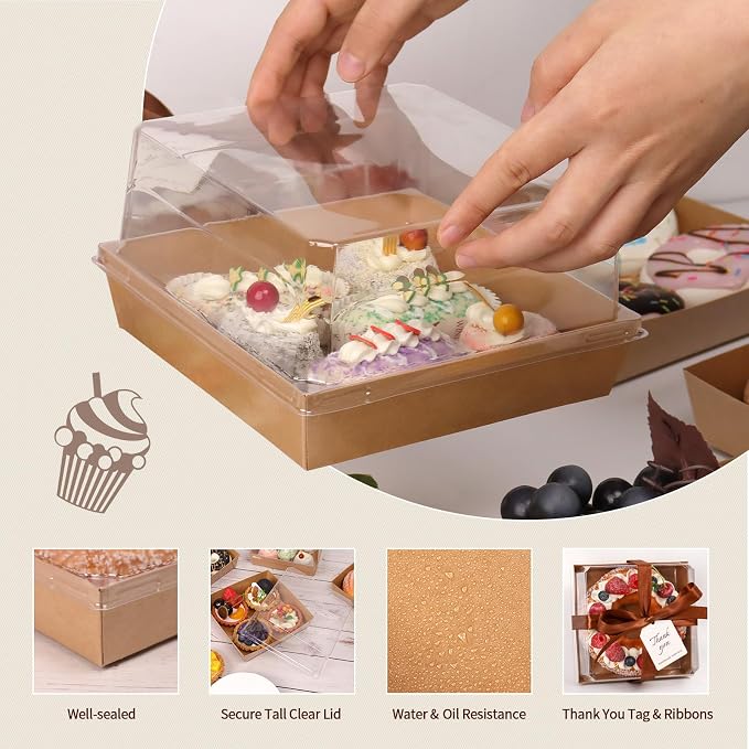 7 x 7 x 4 Inches Paper Cake Boxes with Clear Lids, 50 Pack Brown Charcuterie Boxes Large Square Food Containers, Disposable Bakery Boxes for Valentine's Day 4-6 Inch Bundt Cake, Pie, Dessert