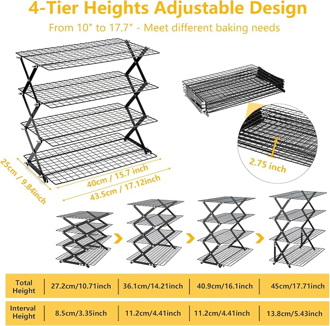 Cooling Racks - Upgraded 4 Tier Collapsible Bread Cooling Rack with Adjustable 3 Setting Design Foldable Stackable Wire Cookie Rack Large Cookie Cooling Racks for Cooking and Baking Gifts for Women