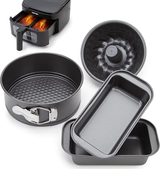 CARTMAN 4-Piece Air Fryer Bakeware Set, Non-Stick Carbon Steel Mini Springform, Bundt Cake Pan, 2 Loaf Pans, Fits Ninja, Chefman, Cosori, Instant Pot, Non-Toxic with Online Recipe Guide