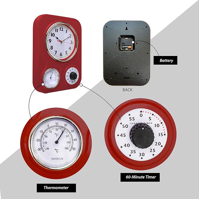 Lily's Home -9 Inch x 12.5 Inch -Retro Kitchen Wall Clock, Vintage Wall Clock with a Thermometer and 60-Minute Timer, Ideal for Any Kitchen, Office, or Diner (Retro Red)