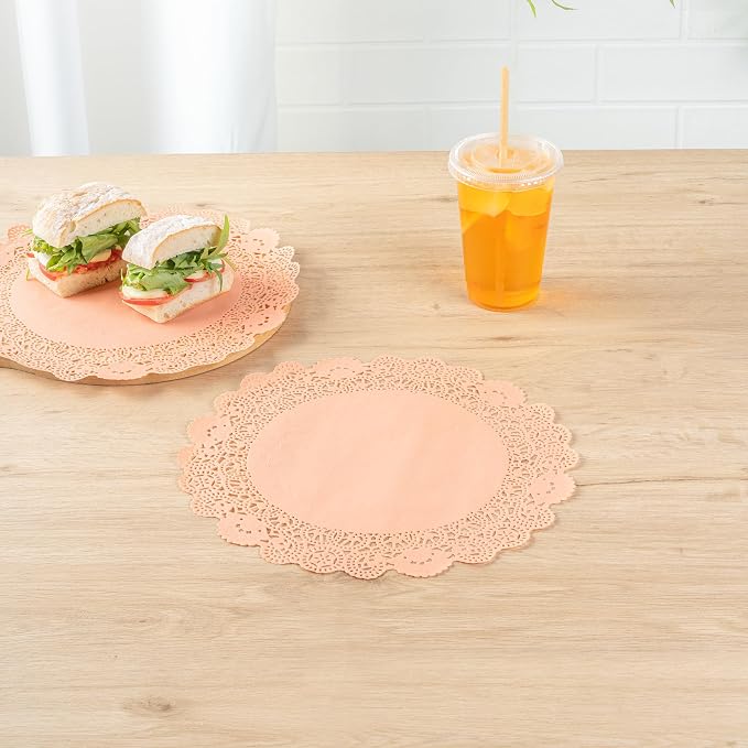Pastry Tek 12 x 12 Inch Paper Lace Doilies, 100 Disposable Table Doilies - Elegant Lace Finish, Long Lasting, Coral Paper Doily, for Pastries, Cupcakes, Desserts - Restaurantware