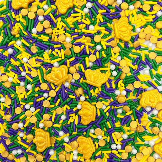 Sentovac Purple Yellow Green Sprinkles Mardi Gras Day Edible Jimmies Gold King Sprinkle for Cake Decorating Candy Cupcake Cake Topper Cookie Baking Decorations Supplies