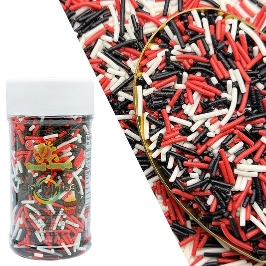CandiJumpin Red White and Black Jimmy Sprinkles, Halloween Sprinkles for Cake Decorating Edible Crunchy Jimmies Ice Cream Toppings, Baby Shower Party Wedding Christmas Supplies 3 OZ