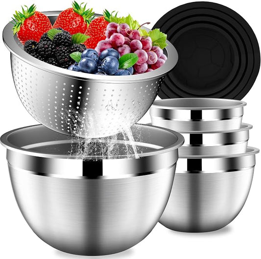 DUTZUN Mixing Bowls with Lids Set, Stainless Steel Mixing Bowls with Colander, Strainer with Mixing Bowl Set, Serving Bowl Kitchen Gift, Size 4.5, 2.5, 2, 1.5QT - Black