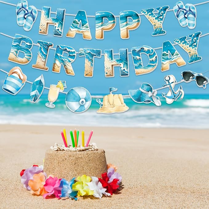 Zwiebeco Blue Sea Happy Birthday Party Decoration Banner Bunting Garland Hanging Paper for Boys Girls Men Women Kids Adults Summer Beach Ocean Themed Birthday Decor Accessories Supplies