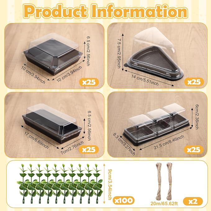 LemonRoad 100 Sets 4 Styles Charcuterie Boxes with Clear Lids Cake Slice Containers with Eucalyptus Leaves Plastic Bakery Packaging Supplies for Cake Snack Dessert Cookie Sandwich(Black)