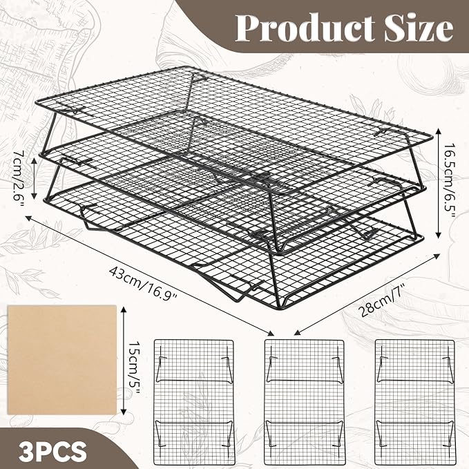 3-Tier Stackable Wire Cooling Rack with Legs, High-quality Carbon Steel, 17" x 11" Cooling Rack for Cooking and Baking, 100 Pcs 6in Baking Paper, Nonstick, for Cookie, Pizza, Bread, Barbecue