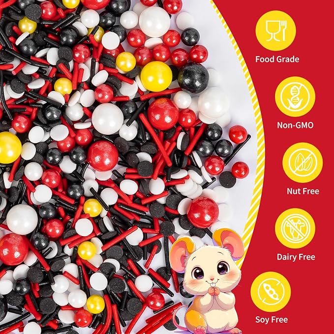 Edible Mouse Sprinkles,Edible Black White Red and Yellow Pearls Jimmies,and Round Confetti Sprinkles for Cake Decorating,130g,Cupcakes Cookie Donuts Ice Cream Toppers,Themed Desserts,Birthday,Children's Party Supplies