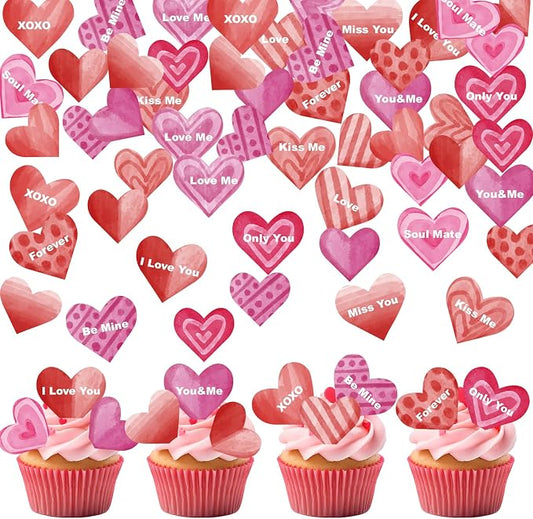 88PCS Edible Heart Cupcake Toppers Sweet Love Be Mine Kiss Me Heart Cupcake Picks Happy Valentine's Day Heart Cake Decor for Valentine's Day Theme Party Decoration Supplies
