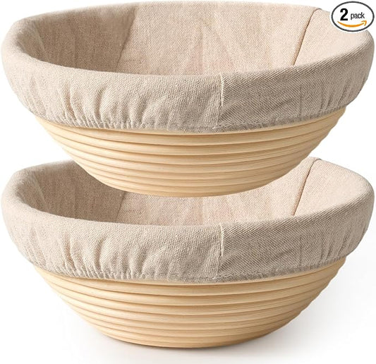 BAVIFY Sourdough Starter Kit, Banneton Bread Proofing Baskets Set, Sourdough Bread Baking Supplies Making Tools with 9 Inch Round Rattan Sourdough Basket, Linen Liner, 2 Round Baskets Set