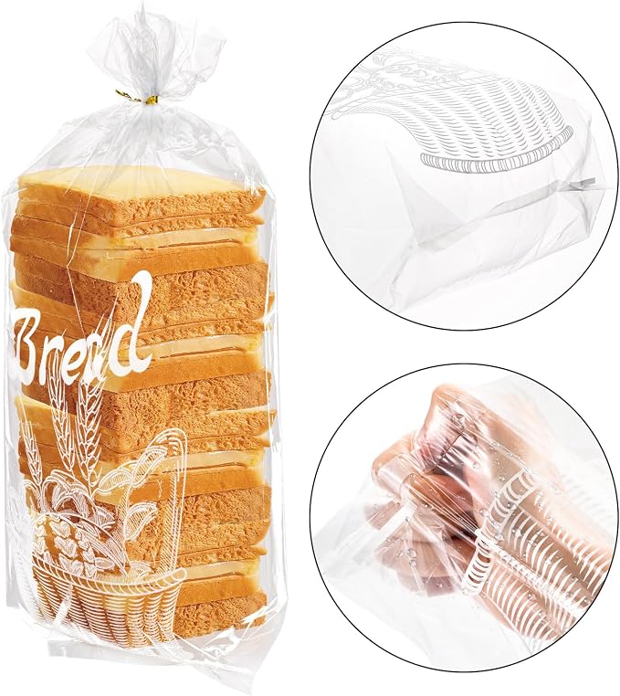 Nicunom 200 Pack Bread Loaf Packing Bags with Ties, Printed Bread Bag for Homemade Bread or Bakery, 8” x 4” x 18”, Reusable Plastic Bread Bags, Large Bread Storage Bags Adjustable