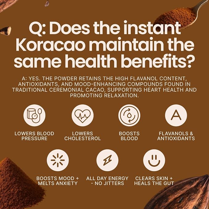KORACAO Instant Ceremonial Cacao Powder | High-Flavanol Cacao Powder - 1000 MG Per Serving | New Daily Ritual with Harvested Powders for Mind, Body & Soul - 300g Bag (30 Servings)