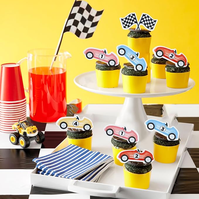 Ercadio 48Pcs Edible Cute Race Car Cupcake Toppers Cherkered Flags Race Cars Cupcake Picks Racing Car Birthday Cake Toppers Baby Shower Funny Birthday Party Decoration Supplies