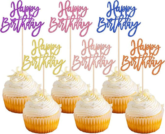 24 PCS Happy Birthday Cupcake Toppers - Multi 6 Colors Glitter Picks for Celebrating Anniversary Theme Party Cake Decorations Supplies