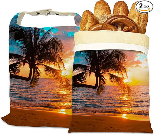 Bread Bags for Homemade Bread, Tropical Palm Sunset Trees Sea Beach 2 Pack Linen and Beeswax Sourdough Storage Bags, Reusable Keeper, Keeps Breads Fresh Longer, Gifts for Bakers