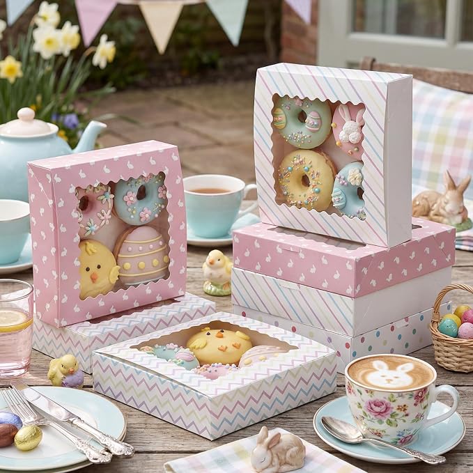 Affrolling 24 Pcs Pink Pie Boxes 10 x 10 x 2 Inch Auto-pop up Cookie Boxes with Window Polka Dot Bakery Treat Box Dessert Gift Wrapping for Pies, Cookie, Pastries, Donut, Chocolate Strawberries