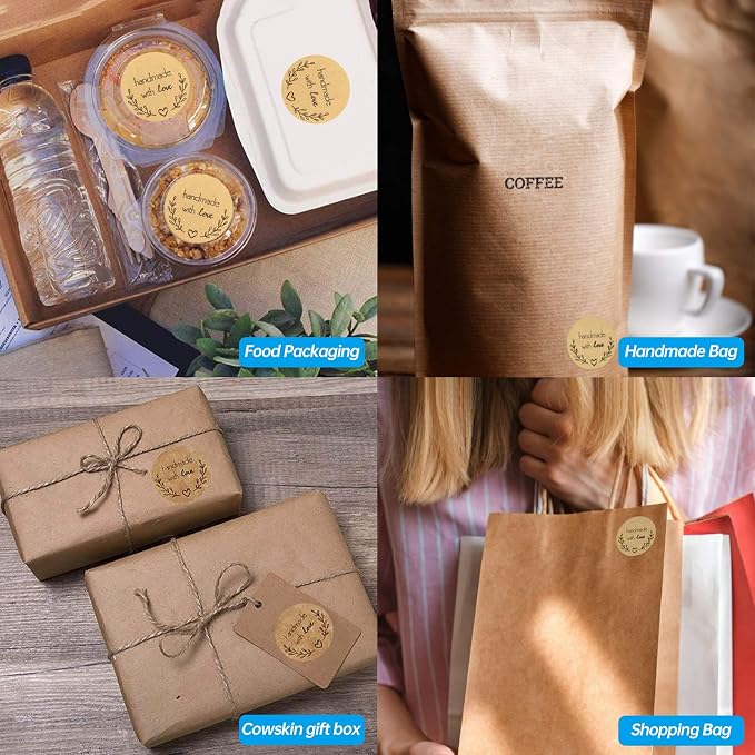Handmade with Love 500 Pcs Baking Kraft Paper Heart Shape Labels for Packaging, Envelope Seals, Small Business, Wedding, Birthday, Party Gift Wrap