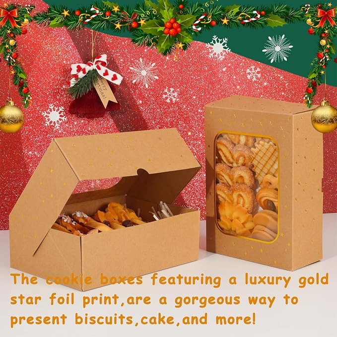 YEKTFS 24 Pcs Gold Star Cookie Boxes,Treat Boxes for Dessert 8.25" x 6" x 2.75" with Window, Bakery Brown Pastry Dessert Boxes for Chocolate Strawberries Muffins Donuts and Party Favor
