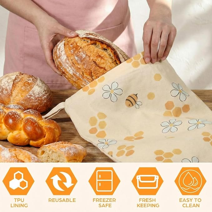Tallew 3 Pack Beeswax Bread Bags for Sourdough & Homemade Bread 17 x 13'' XL Reusable Organic Linen Beeswax Wraps with Sealing Zip for Fresh Food Storage Loaf Freezer Baker (Bee Style)