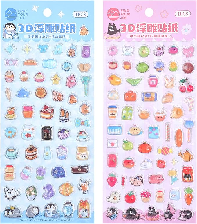 Girl's 3D Cute Japanese Puff Sticker, 100+ Kawaii Dessert and Animal Mini Puffy Stickers, for DIY Scrapbooks Planner Journals Laptops Phone Case Decoration Gifts Rewards, Sweet Bubbles