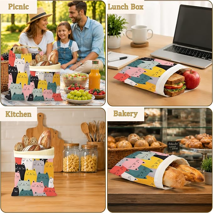 2 Pack Beeswax Cute Cat Bread Bags for Sourdough Homemade Breads, Reusable Beeswax Bread Colorful Cat Storage Bag, Keep Loaves Fresh Longer, Freezer Safe & Airtight, Zero Waste 17 x 13''