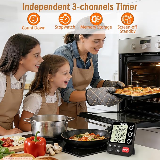 Digital Dual Triple Kitchen Timer, 3-Channel Magnetic Countdown Timer for Cooking, Large Display Stopwatch Multi Food Classroom Timer Loud Alarm for Seniors Teachers Battery Included (Black)