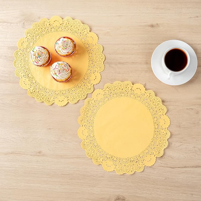Pastry Tek 12 x 12 Inch Paper Lace Doilies, 100 Disposable Table Doilies - Elegant Lace Finish, Long Lasting, Orange Paper Doily, for Pastries, Cupcakes, Desserts - Restaurantware