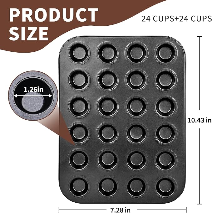 2 Pack 24-Cup Mini Muffin Pan, Heavy-Duty Carbon Steel Nonstick Baking Pan, 1.26” Extra Small Size Cups, Compact 10.43” x 7.28” Design, Oven & Dishwasher Safe (Black)