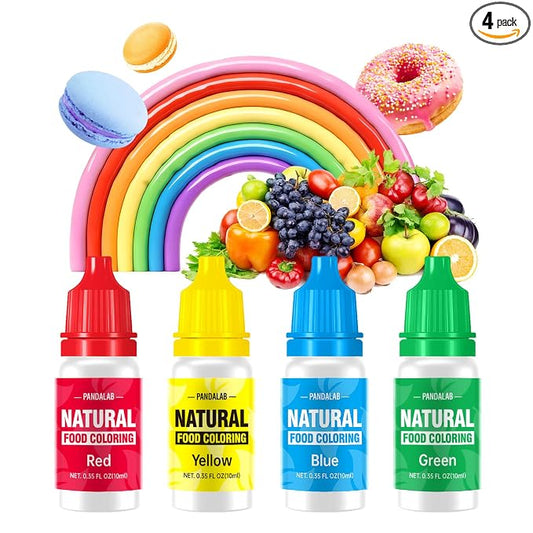Natural Food Coloring - Pandalab 4 Colors x 10 ml Plant-Based Concentrated Food Dye, No Artificial Dye, Vegan Edible Color for Baking, Cake Decorating, Icing, Frosting, Cookies, Candy