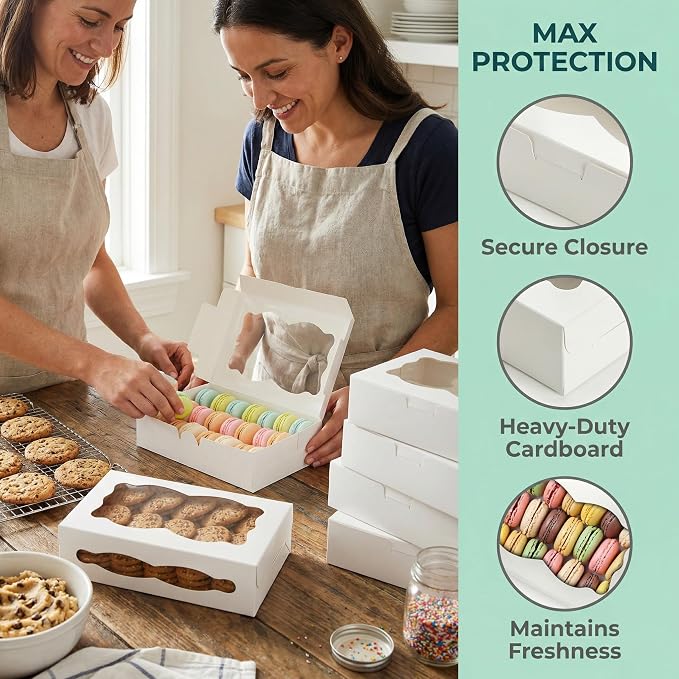 Hiceeden 50 Pack White Cookie Boxes with Window, 8"×5.4"×2" Bakery Candy Box for Gift Giving, Treat Dessert Boxes for Pastry Donuts Candy Biscuit Macaron Chocolate Strawberry