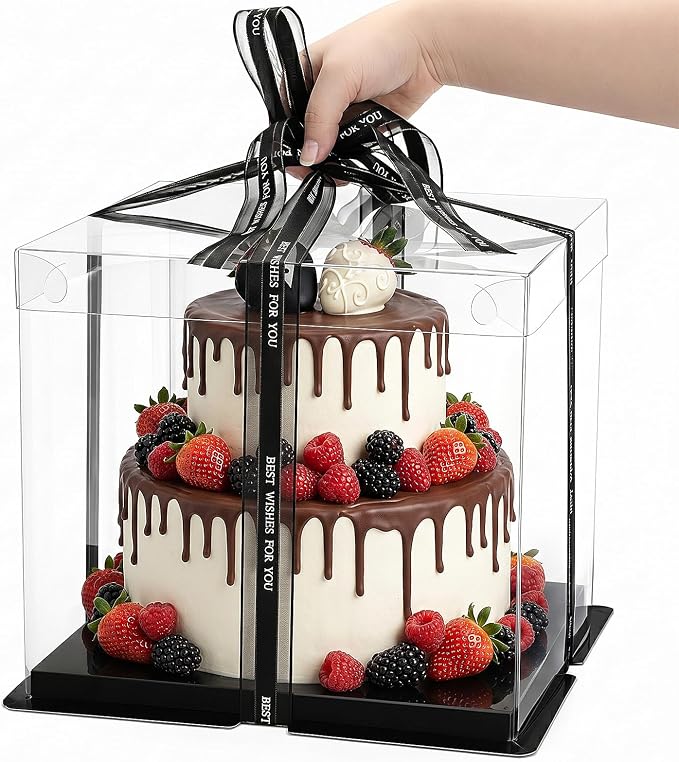 Cididu 6 Pack Clear Cake Box with Ribbon, 2-Layer Tall Cake Carrier Box, Packaging Boxes 10x10x9 Inch, PET Clear Gift Box with Lid, Transparent Cake Containers for Mother's Day Birthday Party Wedding
