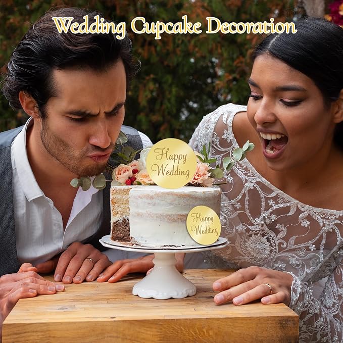20Pcs Gold Acrylic Wedding Cupcake Toppers Mirror Happy Wedding Cake Toppers for Engagement Party Cake Decorations Round Tags Reusable Acrylic Decorations Flower Decor for Cakes Gift Boxes DIY Crafts