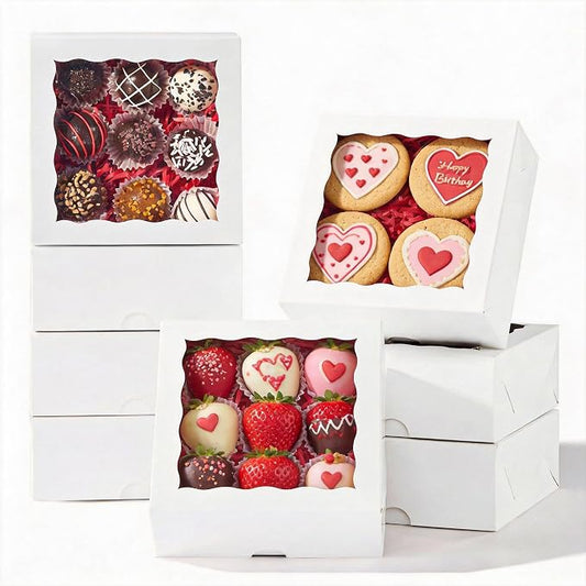 15pcs Cookie Boxes with Window, 6x6x2.5in White Bakery Boxes for Treats, Small Cake, Desserts, Donuts, Pastry