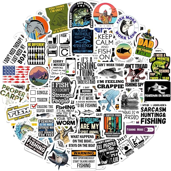 100Pcs Funny Fishing Stickers — Fisherman Decals for Laptops, Water Bottles, Scrapbooking — Fishing Gifts for Men & Women, Laptop Decals, Gifts for Women & Men