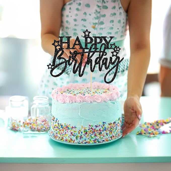 Gyufise 1Pcs Happy Birthday Cake Topper Glitter Happy Birthday Cake Pick for Celebrating Happy Birthday Anniversary Theme Party Cake Decorations Supplies Light Black