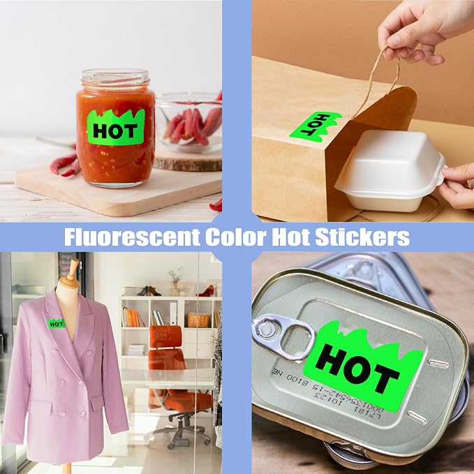 Hybsk 500pcs Rave Hot Stickers 2 x 1-1/5 Inch Fluorescent Hot Flame Fire Shape Labels Marking Items for Restauresent Supermarkets Stores Shops (Fluorescent Green)