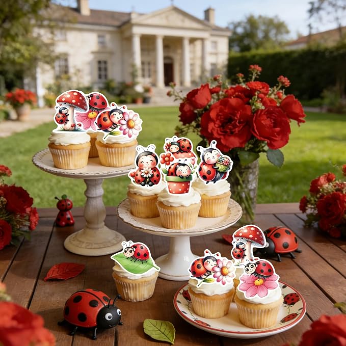72PCS Edible Ladybug Cupcake Toppers Wafer Paper Flowers Insects Cake Decorations Picks for Baby Shower Kids Birthday Party Cake Decorations Supplies
