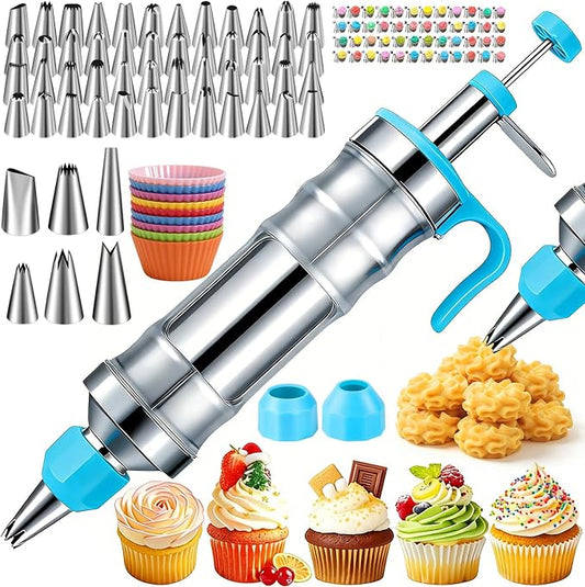 Suuker Dessert Decorating Syringe Set | Frosting Piping Kit, Stainless Steel, 54 Piping Tips, 9 Silicone Baking Cups