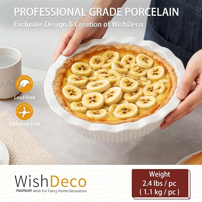 WishDeco Pie Pan for Baking Set of 2, Ceramic Baking Pan 9 inch, Deep Round Pie Dish 50 oz, Pie Plate with Fluted Rim, Porcelain Baking Dish for Apple Pie, Quiche, Tart, Cake Oven & Microwave Safe