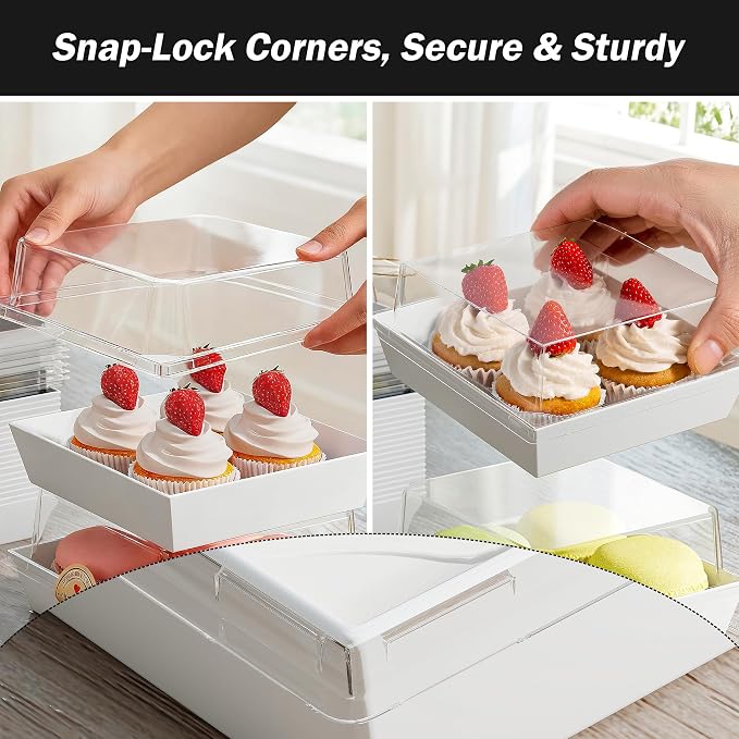 50Pcs Small Charcuterie Boxes with Clear Lids 5x5 Inch | Disposable Dessert Containers with Lids,White,Oil-Proof,Leak-proof,with Strings,100 Stickers&Forks,for Cookie Sandwich Party