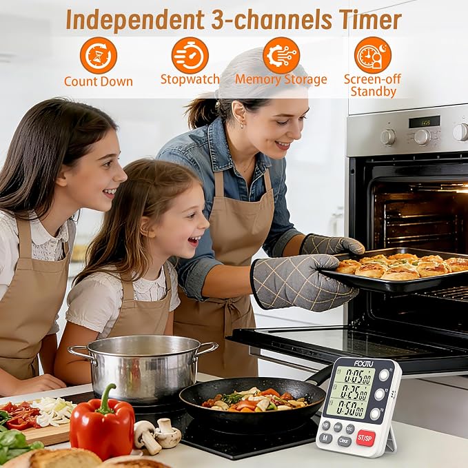 Digital Dual Kitchen Timer, 3-Channel Magnetic Countdown Stopwatch Timer for Cooking, Large Display, Loud Alarm, 100Hr Multi Food Classroom Timer for Seniors & Teachers (Battery Included)