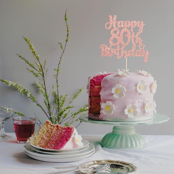 Gyufise 1Pc Happy 80th Birthday Cake Topper Glitter Cheers to 80 Years Old Birthday Cake Pick for Happy 80th Birthday Anniversary Party Cake Decorations Supplies Rose Gold