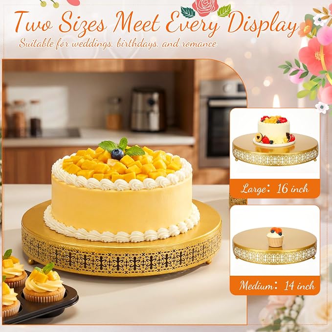 Wenqik 2 Pack Cake Stand Set, 14/16 Inch Metal Round Cupcake Dessert Stand Decorative Elegant Cake Display for Weddings Party Birthday Baby Showers Anniversary(Ornate Floral,Gold)