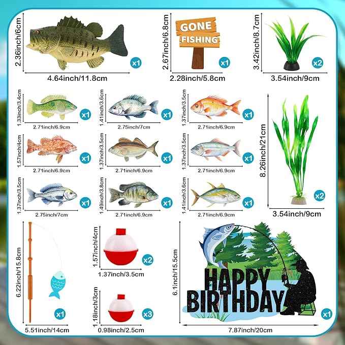 Fishing Cake Topper 22PCS Gone Fishing Cake Toppers for Men Fish Cake Decorations with Bass Reed for Retirement Party Supplies Fish Birthday Party Decorations