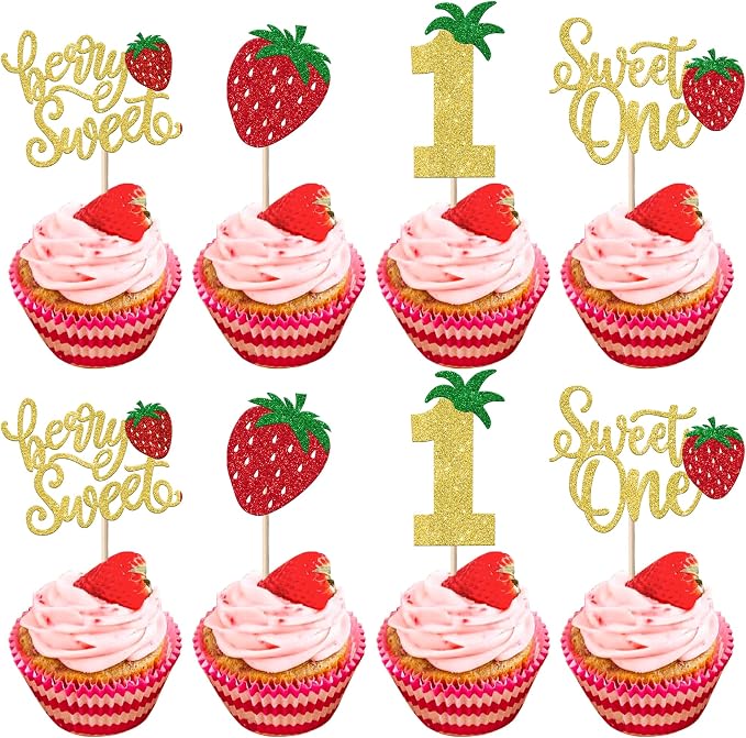 24 Pack Sweet One Cupcake Toppers Glitter First Birthday Strawberry Cupcake Picks for Fruit Baby Shower 1st Birthday Berry Sweet Cupcake Decorations Party Supplies Gold