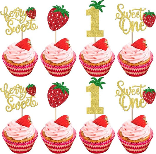 24 Pack Sweet One Cupcake Toppers Glitter First Birthday Strawberry Cupcake Picks for Fruit Baby Shower 1st Birthday Berry Sweet Cupcake Decorations Party Supplies Gold