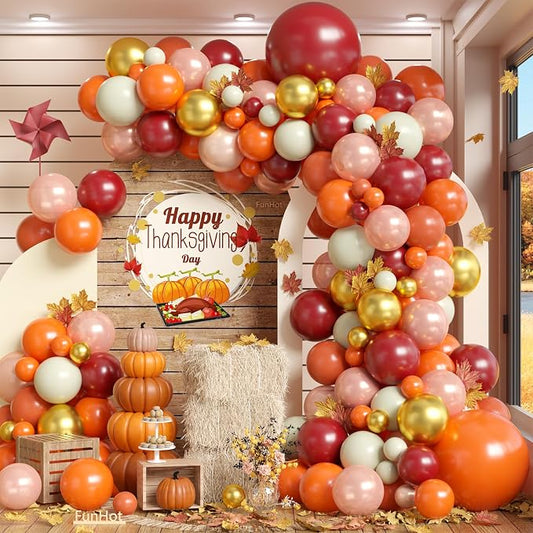 FunHot Thanksgiving Balloon Arch Kit, Fall Balloon Garland Kit with Orange Burgundy Yellow Pearl Rose Gold Metallic Gold Balloons for Baby Shower Wedding Anniversary Fall Thanksgiving Party Decoration